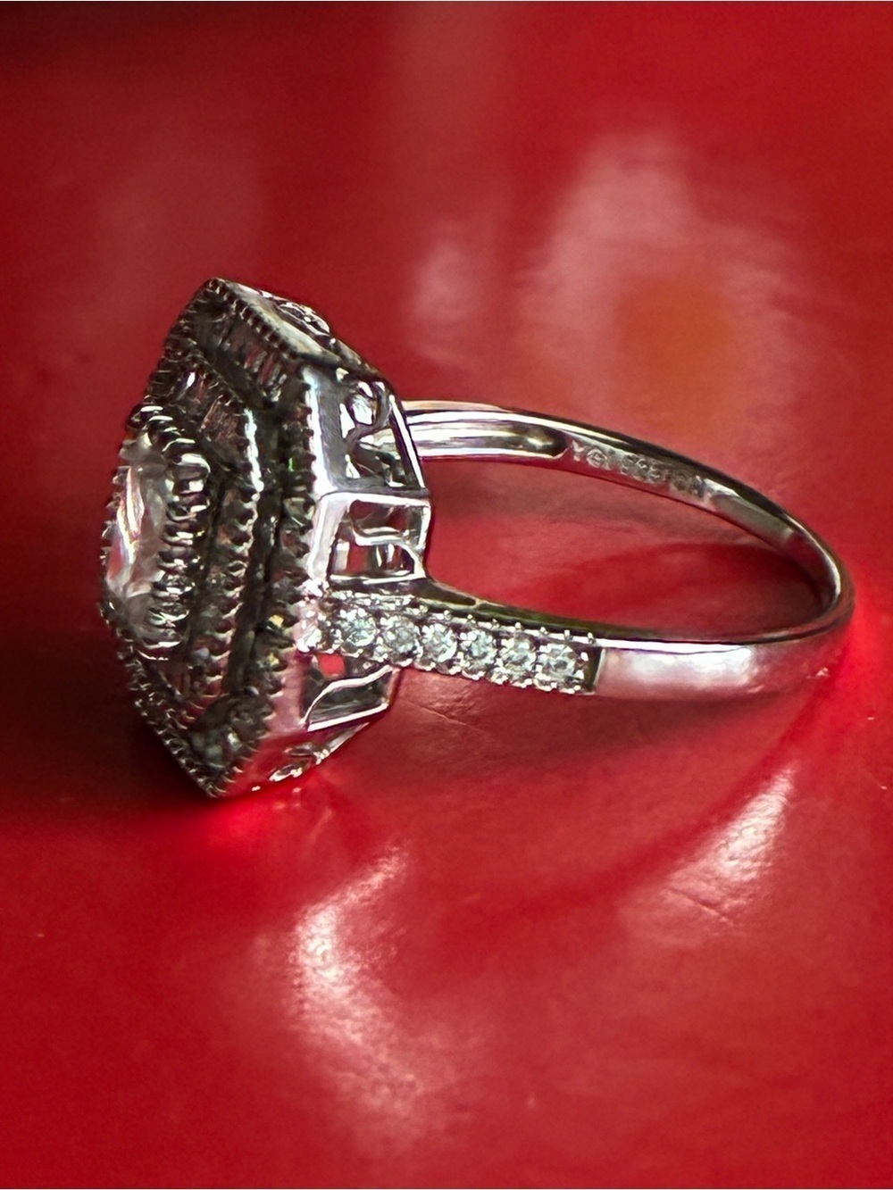 925 Silver-Tone Clear Multi-Halo Emerald-Cut Ring - Picture 6 of 8